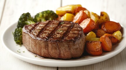 A grilled steak with roasted vegetables on a white plate.