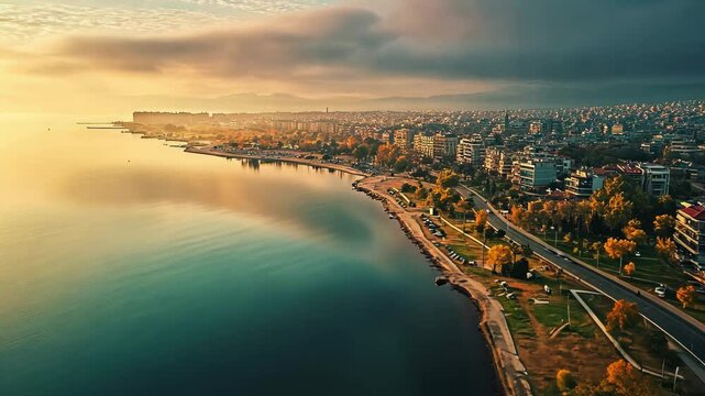 Aerial view showcasing the coastal beauty and urban landscape of Thessaloniki, Greece at sunrise, Aerial view of the city Thessaloniki in Greece on an early morning in autumn