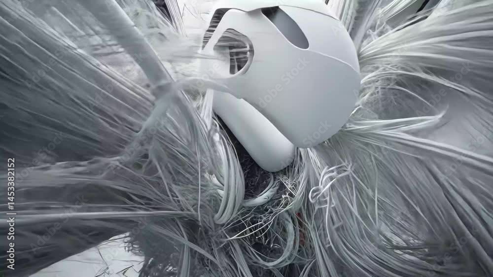 Poster Swirling mass of wires creates an intricate web in a futuristic digital environment, Camera zooms into a swirling mass of wires 3D CGI