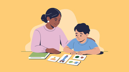 Engaging learning activity between a caregiver and child focusing on educational card games in bright setting