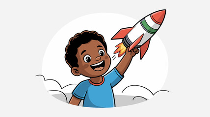 Child joyfully launches colorful rocket against a cloudy backdrop with excitement and imagination