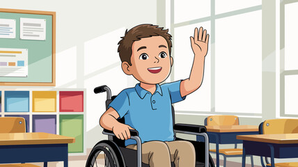 Young boy in wheelchair raises his hand enthusiastically in classroom setting filled with colorful furniture