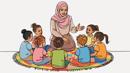 Teacher engages children in storytelling activity on colorful rug in bright classroom setting during sunny day