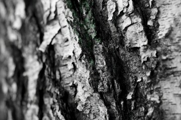 Closeup of Treebark in black and white with touch of green