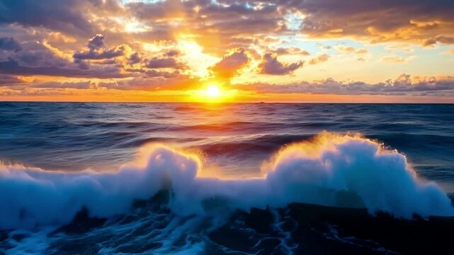 Sunset casts golden hues on rippling ocean waves under a vibrant sky, At sunset, the setting sun shines on the rippling wavelets of the sea