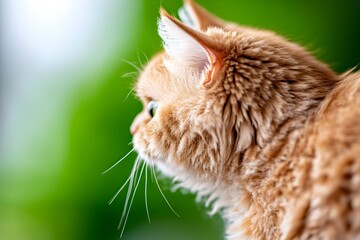 A fluffy, light orange cat sits in profile, gazing intently to its left against a blurred green background