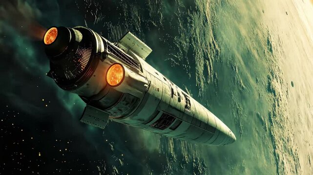 Space module soars through the cosmos against the backdrop of a distant planet, The space module is flying in space against the background of an unknown planet