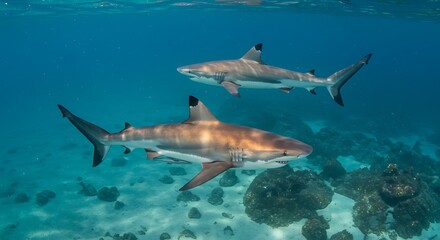 Fototapeta premium Ocean's Grace: Blacktip Reef Sharks Underwater AI Generated