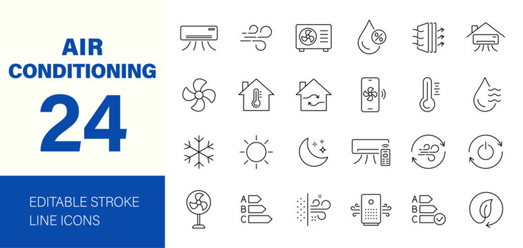 Air Conditioning icon set. Containing fan, wind, blow, air conditioner, cooling appliance, cooling fan, air cleaner, climate control, heating and more. Editable line icons. Vector illustration.