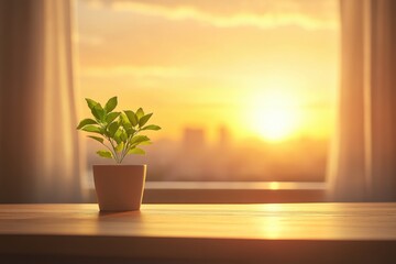 Plant in pot on table with sun shining through window creating warm and inviting atmosphere