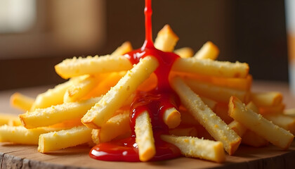 French fries with ketchup drizzled on top