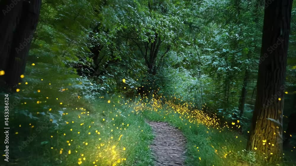 Poster Enchanting forest path illuminated by fireflies at twilight surrounded by lush greenery, fantasy fairy tale forest covered in greenery and fireflies