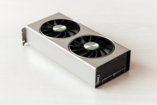 Silver graphics card with dual fans cooling vents and rear IO ports sits on a light wood surface