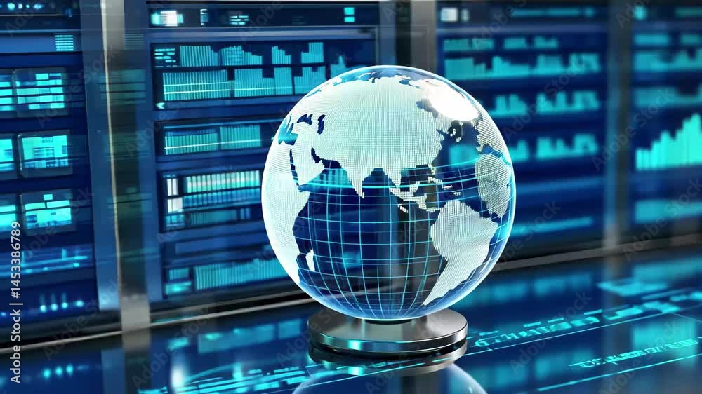 Poster Global data processing with interactive globe and digital interface showcasing information flow, shapes and globe over data processing