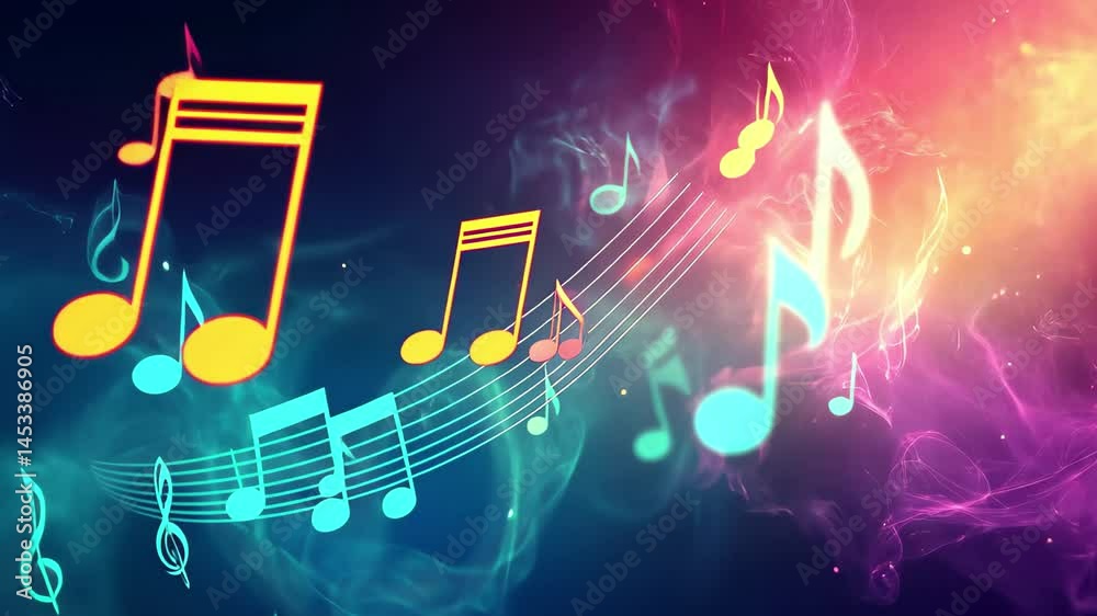 Poster Magical animated background featuring colorful music notes and vibrant cosmic elements, Music animated background