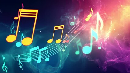 Magical animated background featuring colorful music notes and vibrant cosmic elements, Music animated background