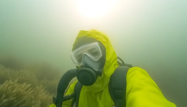 Underwater selfie of diver in yellow suit and respirator, murky water