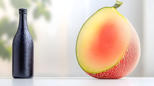 A dark bottle and a halved cantaloupe rest on a white surface against a blurred background  The melons vibrant red fle