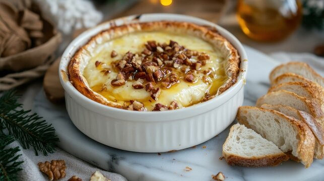 Baked brie with honey and pecans served with toasted bread for a cozy holiday appetizer