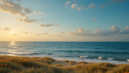 Serene Sunset over Coastal Dunes Golden Hour Beachscape with Calm Ocean Waves