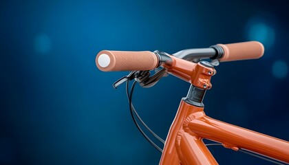 Fototapeta premium Close-up of a bicycles handlebars and frame showcasing its orange color and textured grips against a deep blue backdro