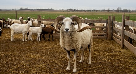 Obraz premium Majestic Ram in a Farmland Pen: A Captivating Portrait of a Large Horned Sheep Among Other Sheep and Goats in a Rustic Setting