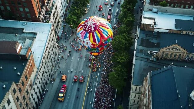 Liberty bell balloon floats over a bustling Independence Day parade in a vibrant city street celebration, Independence day parade and liberty bell balloon - drone shot