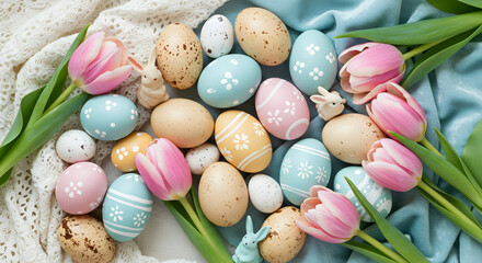 Easter eggs and tulips on fabric background