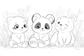 Three cute cartoon bears, possibly pandas, sit amongst foliage