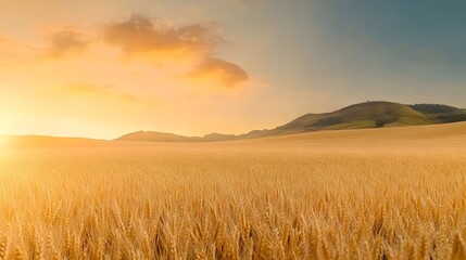 Golden wheat field at sunset, rolling hills under a vibrant sky