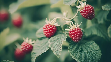Lush Red Raspberries Growing on Bush Close Up View of Ripe Berries and Green Leaves in Summer Garden