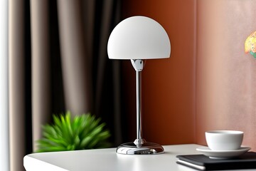 Modern white glass dome table lamp with chrome stand, sits on white surface near a plant and cup