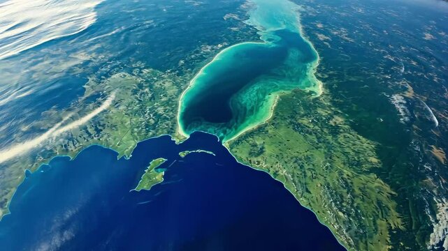 Zooming in on the Great Lakes from outer space reveals the stunning blue waters and surrounding landscapes, Earth zoom to the Great Lakes