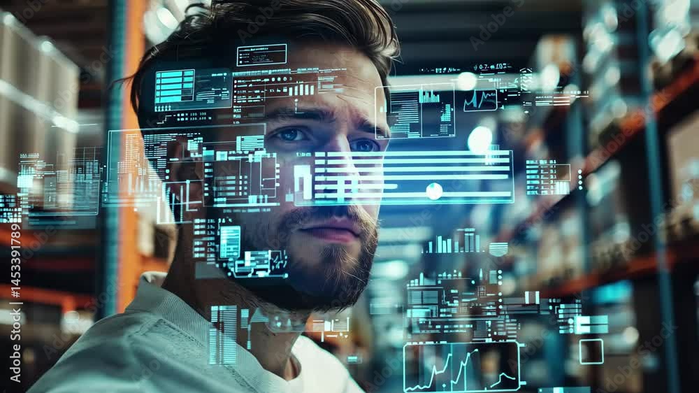 Poster working with data processing icons over a caucasian man in a warehouse environment, icons and data p