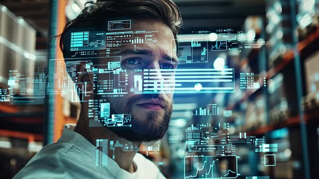 Working with data processing icons over a caucasian man in a warehouse environment, icons and data processing over caucasian man working in warehouse