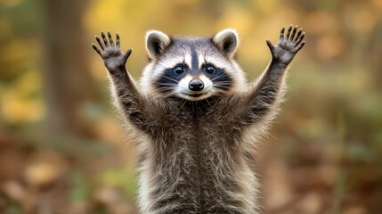 Cute Raccoon with Upraised Paws in the Forest