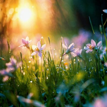 Close-up video still of delicate flowers in a dewy meadow at sunrise, with a soft focus and warm, glowing backlight for a dreamy effect.