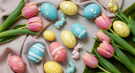 Colorful Easter eggs and tulips on festive background