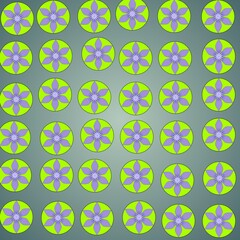 This image features a seamless circular floral motif pattern, each containing symmetrical purple flowers with eight petals set against an attractive gradient background. 