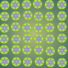 This image features a seamless circular floral motif pattern, each containing symmetrical purple flowers with eight petals set against an attractive gradient background. 