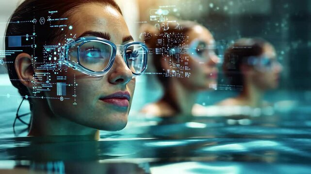 Caucasian female engaged in data processing activity while submerged in water in a futuristic setting, data processing and diagrams over caucasian female friends in swimming pool