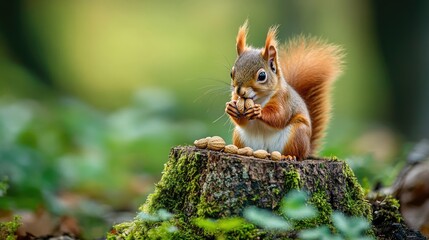 Red Squirrel Enjoying a Snack on a Mossy Stump