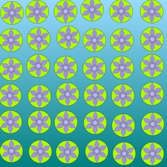 This image features a seamless circular floral motif pattern, each containing symmetrical purple flowers with eight petals set against an attractive gradient background. 