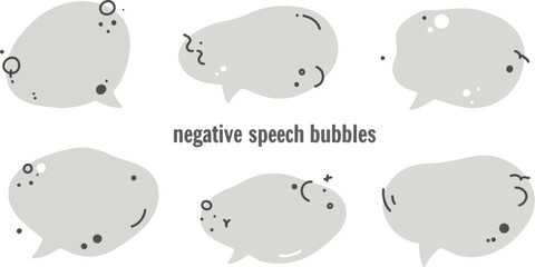 A minimalist vector illustration of gray speech bubbles with negative emoticons and symbols, creatively representing negative emotions, dialogue, and communication concepts in a simple graphic style.