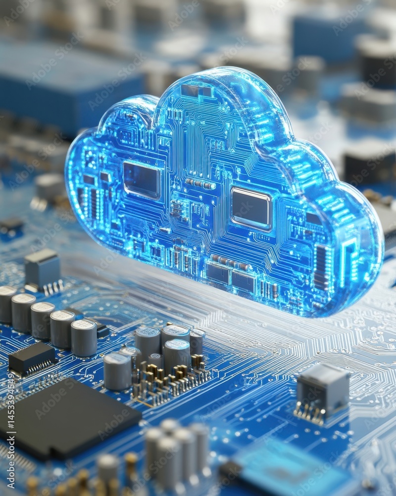 Poster cloud computing concept with circuit board design representing data storage and connectivity