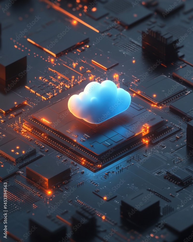 Poster cloud computing concept with a glowing cloud on a modern circuit board background design