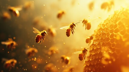 Naklejka premium Busy bees buzzing around honeycomb in sunlight