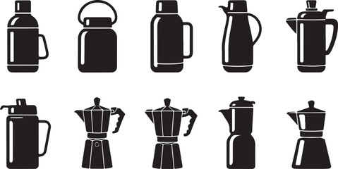 Fototapeta premium Silhouette Vector Collection of Thermos Bottles, Coffee Makers, Moka Pots, and Kettles for Kitchen, Beverage, and Café Design Illustrations
