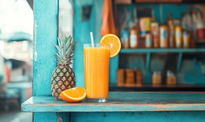 Refreshing Tropical Juice with Pineapple and Orange Slice on Table