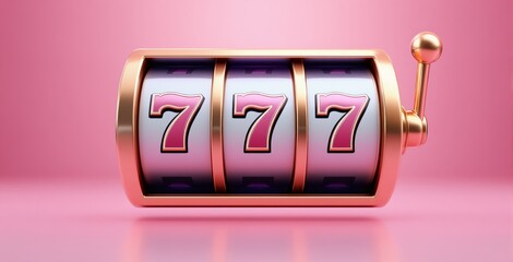 Slot machine with gold frame showing triple sevens jackpot, colorful creative style, on pink background. Concept of business luck and success. Ai generative
